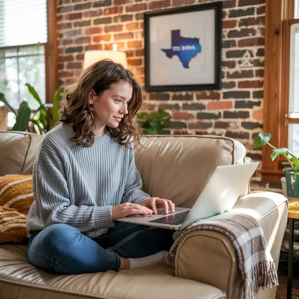 Woman using laptop on couch in cozy room with Texas wall art.